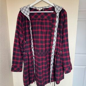 Red and Navy Plaid Hooded Jacket